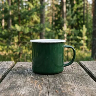 A dark green enamel mug on a wooden table, forest behind it