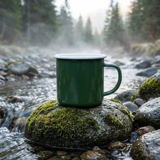 The same mug on a mossy rock beside a mountain stream