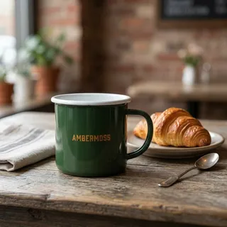 The same mug on a café table next to a croissant