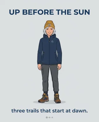 Card 1 of 4 for the row “Up before the sun”: the same mascot in a new scene