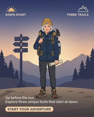 Card 4 of 4 for the row “Up before the sun”: the same mascot in a new scene