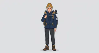 The reference: a hiking mascot with silver hair, a navy jacket and a mustard beanie